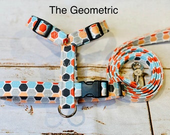 Dog harness, Harness and leash, step in harness, standard harness, leash, roman harness, dog harness set, adjustable, gray, blue, geometric