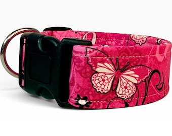 Breast Cancer Awareness handmade dog collar: adjustable side release, washable cotton fabric, webbing core, customizable hardware color