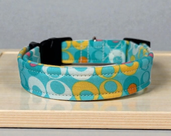 Turquoise Geometric Handmade Dog Collar: Adjustable side release, washable cotton fabric, webbing core, customizable hardware