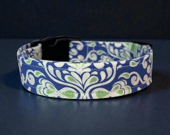 Blue and Green Damask print handmade dog collar, adjustable side release, washable cotton fabric, webbing core, customizable hardware color