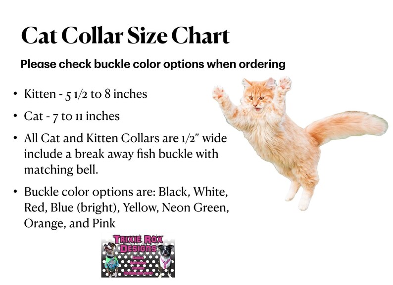 A cat collar size chart with an image of an orange cat jumping on the right.