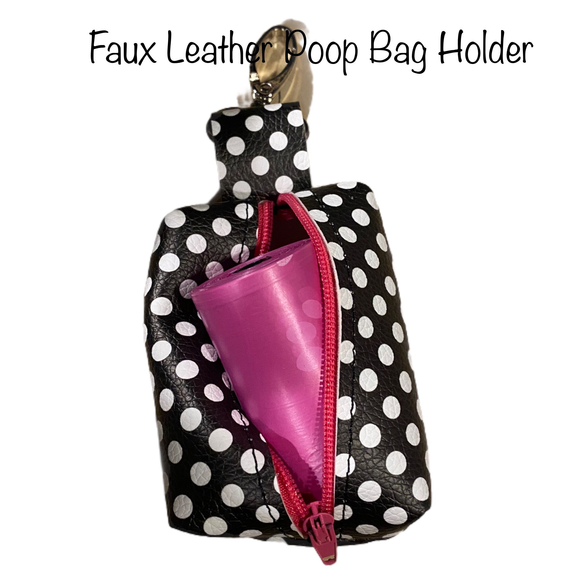 Black Polka Dot Dog poop bag holder, dog waste bag holder, faux leather