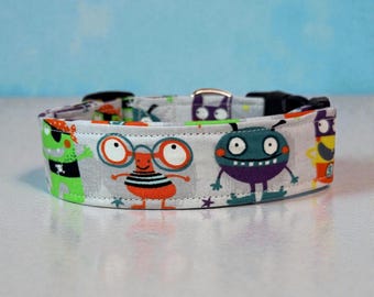 Cute Monster handmade dog collar, adjustable side release, washable cotton fabric, webbing core, customizable hardware
