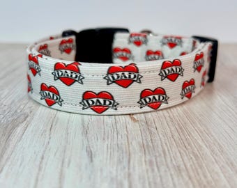 Dad Tattoo Funny handmade dog collar, adjustable side release, washable cotton fabric, webbing core, customizable hardware color