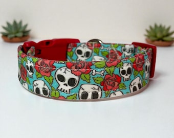 Handmade Skulls and Roses Dog Collar, Washable Fabric, Adjustable, handmade floral side release dog collar
