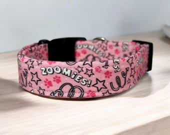 Zoomies dog collar, dog collar, handmade side release dog collar, funny dog collar, custom dog collar, washable, adjustable dog collar