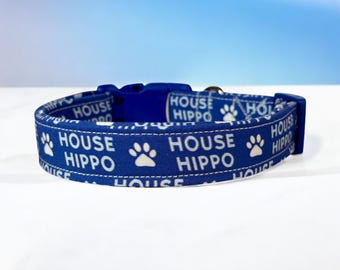 Funny handmade dog collar “House Hippo”: Washable Side release fabric adjustable collar