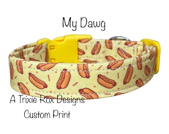 Funny dog collar, hot dog, dog collar, food dog collar, yellow, cat collar, adjustable collar, side release collar, washable, fabric collar