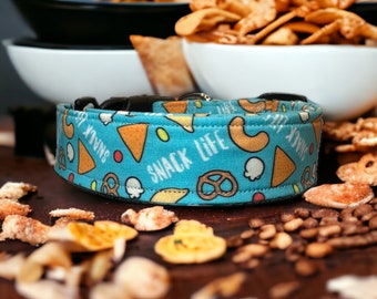 Snack life dog collar, funny dog collar, food dog collar, side release adjustable collar, washable dog collar, handmade dog collar, Blue