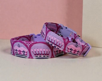 Princess Crown handmade dog collar, adjustable side release, washable cotton fabric, webbing core, customizable hardware