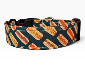Hot Dog handmade dog Collar: Funny Food Print, Adjustable Side Release, washable cotton fabric, webbing core, customizable hardware color