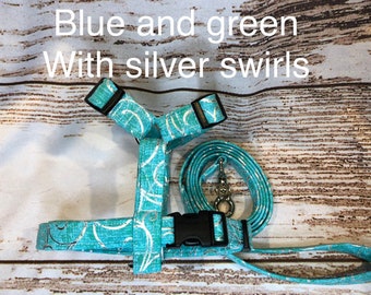 Dog harness, Harness and leash, step in harness, standard harness, adjustable harness, blue dog harness, blue, green silver, swirl
