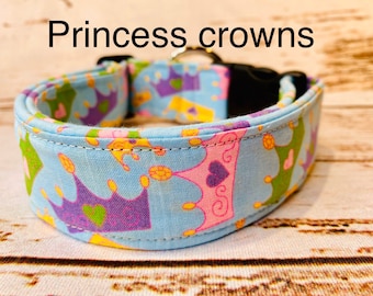 Princess dog collar, princess crowns, girl dog collar, adjustable collar, washable collar, side release collar, fabric dog collar, crowns