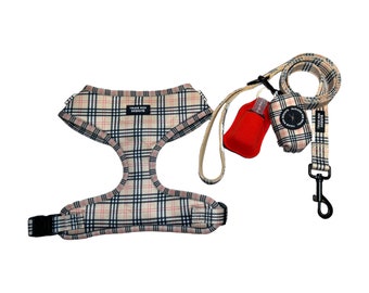 Tan Plaid Neoprene Dog Harness: Soft Adjustable Design