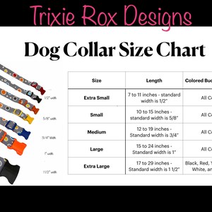 A dog collar size chart table listing sizes from extra small to extra large alongside corresponding lengths and width options, with various colored collars displayed on the left.