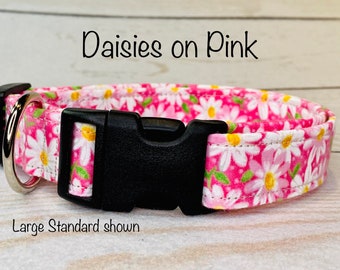 Pink daisy dog collar, daisy dog collar, pink daisies, adjustable collar, washable collar, fabric dog collar, dog collar girl, pink, white