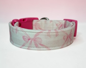 Pink Bows on white handmade dog collar, adjustable side release, washable cotton fabric, webbing core, customizable hardware color