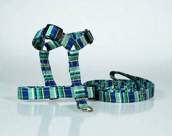 Handmade Blue Striped Dog Harness and Leash Set: Standard Roman or Step in harness