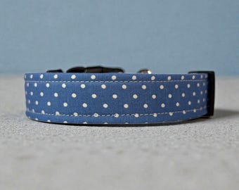 Blue Polka Dot Handmade dog collar: Washable fabric, adjustable side release, webbing core, customizable hardware, wide dog collar