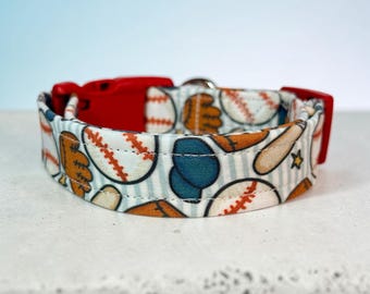 Baseball funny handmade dog collar, adjustable side release, washable cotton fabric, webbing core, customizable hardware color