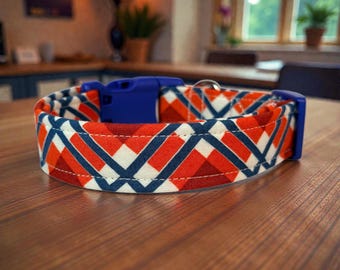 Orange and blue Plaid handmade Dog Collar: Adjustable side release, washable cotton fabric, webbing core, customizable hardware