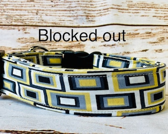 Dog collar, geometric print, gold, gray, black, side release collar, adjustable dog collar, fabric dog collar, unisex, washable collar, dog