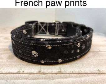 Paw print dog collar, black dog collar, adjustable collar, washable collar, side release collar, fabric dog collar, eco friendly, paws