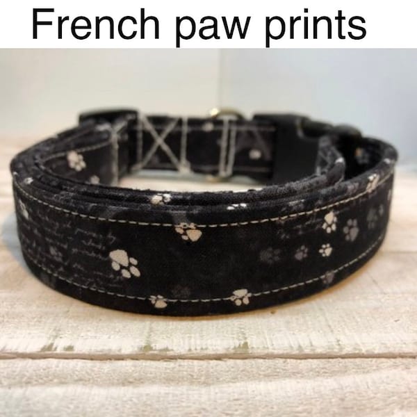 Paw print dog collar, black dog collar, adjustable collar, washable collar, side release collar, fabric dog collar, eco friendly, paws