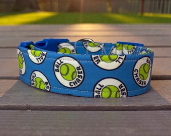 Funny handmade dog collar “Ball Chaser”: Washable fabric, adjustable side release, webbing core, customizable hardware, wide dog collar