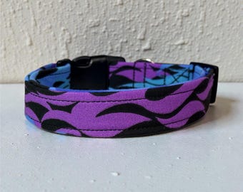 Purple and Blue Flames Handmade Funny dog collar: Washable fabric, adjustable side release, webbing core, customizable hardware, dog collar