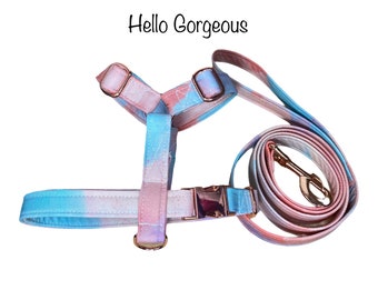 Dog harness, Dog Harness and leash set, step in harness, standard Roman harness, rose gold, rose gold hardware, Ombre pastel dog harness