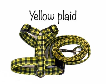 Dog harness, Harness and leash set, matching leash, step in harness, standard harness, plaid dog harness, plaid, yellow, standard Roman