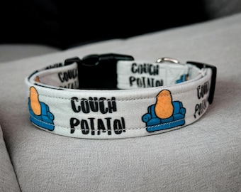 Couch Potato dog collar, funny dog collar, boy dog collar, side release, adjustable, washable, handmade dog collar, custom dog collar