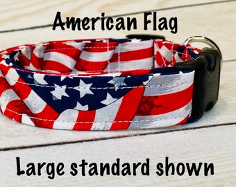 American flag dog collar, waving American flag, dog collar, flag dog collar, red, white, blue, USA flag, adjustable, washable, eco friendly