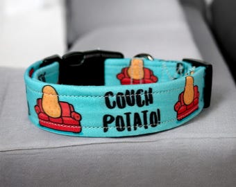 Couch Potato dog collar, funny dog collar, boy dog collar, side release, adjustable, washable, handmade dog collar, custom dog collar