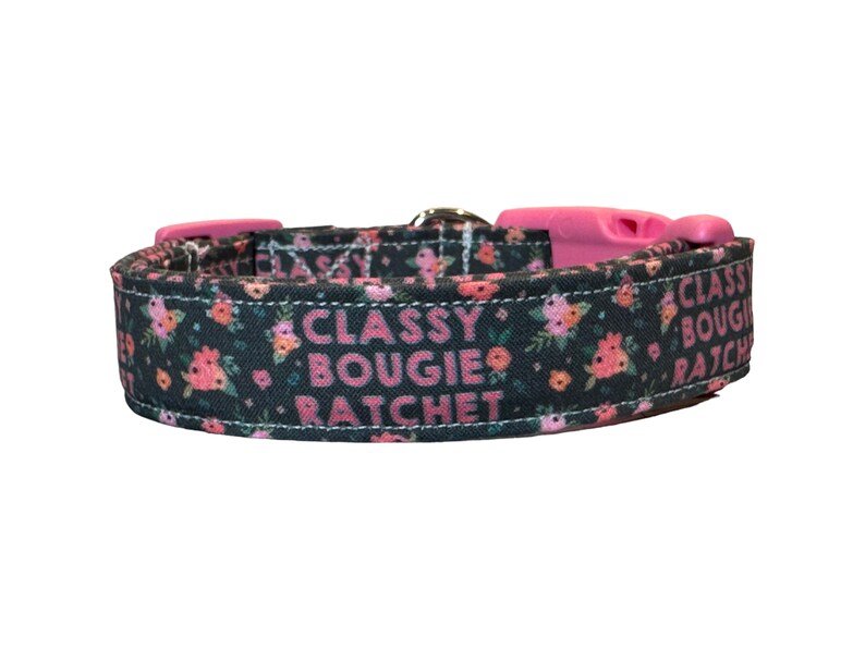 May include: A black dog collar with a pink floral print and the text "Classy Bougie Ratchet" in pink.