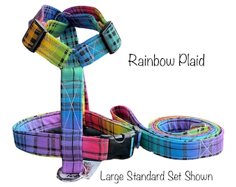 Rainbow plaid dog harness and leash set, step in harness, standard Roman harness, adjustable dog harness, matching leash, rainbow, plaid