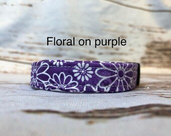 Adjustable Floral Dog Collar, Washable Cotton with Purple Flower Design