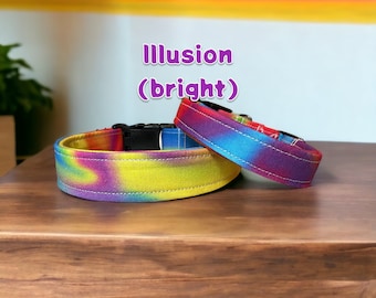 Rainbow dog collar, side release adjustable collar, handmade fabric dog collar, washable pet collar, colorful rainbow illusion dog collar