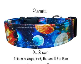 Planet dog collar, galaxy dog collar, celestial, side release collar, adjustable collar, space dog collar, washable, fabric dog collar, blue