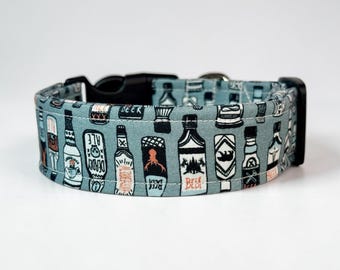 Beer wide handmade dog collar, adjustable side release, washable cotton fabric, webbing core, customizable hardware color, Funny dog collar