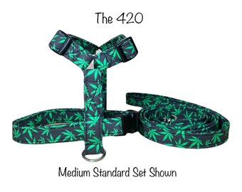 Weed dog harness and leash set, 420, marijuana, standard Roman harness, step in harness, adjustable dog harness, washable, green, black, dog