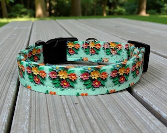 Floral on green handmade dog collar, adjustable side release, washable fabric, webbing core, customizable hardware