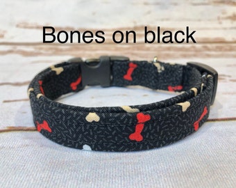 Dog Collar, boy dog collar, girl dog collar, martingale collar, adjustable collar, Buckle dog collar, bones, black collar, bones on black
