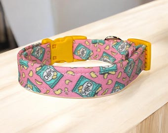 Potato Chip Dog Collar, Funny dog Collar, Washable Adjustable Pet Collar, handmade Dog Collar, Chip Print Collar, food dog collar, Pink