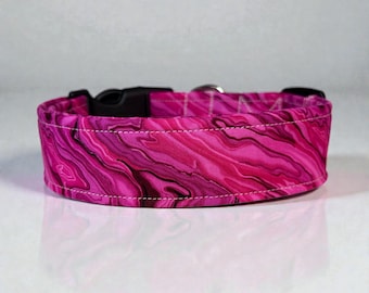 Magenta Paint pour handmade dog collar, adjustable side release, washable cotton fabric, webbing core, customizable hardware