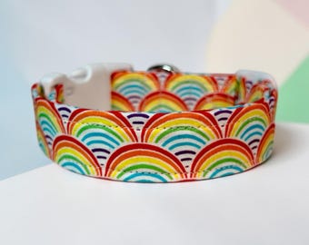Rainbow handmade dog collar, adjustable side release, washable cotton fabric, webbing core, customizable hardware color