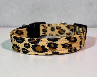 Leopard Print Handmade dog collar, adjustable side release, washable cotton fabric, webbing core, customizable hardware
