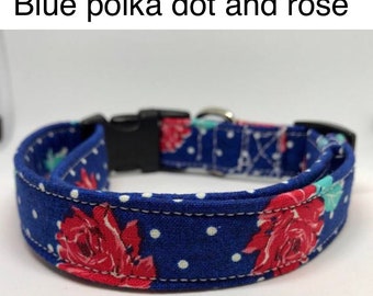 Blue polka dot and rose dog collar, standard adjustable or martingale