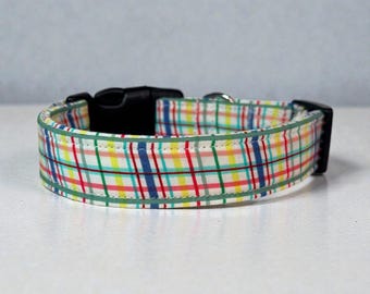 Beach rainbow Plaid handmade Dog Collar: Adjustable side release, washable cotton fabric, webbing core, customizable hardware